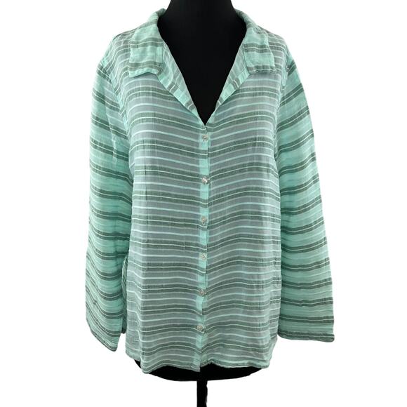 Fresh Produce Green Stripe Linen Collar V-Neck Button-Up Long Sleeve Top XL - Picture 1 of 7